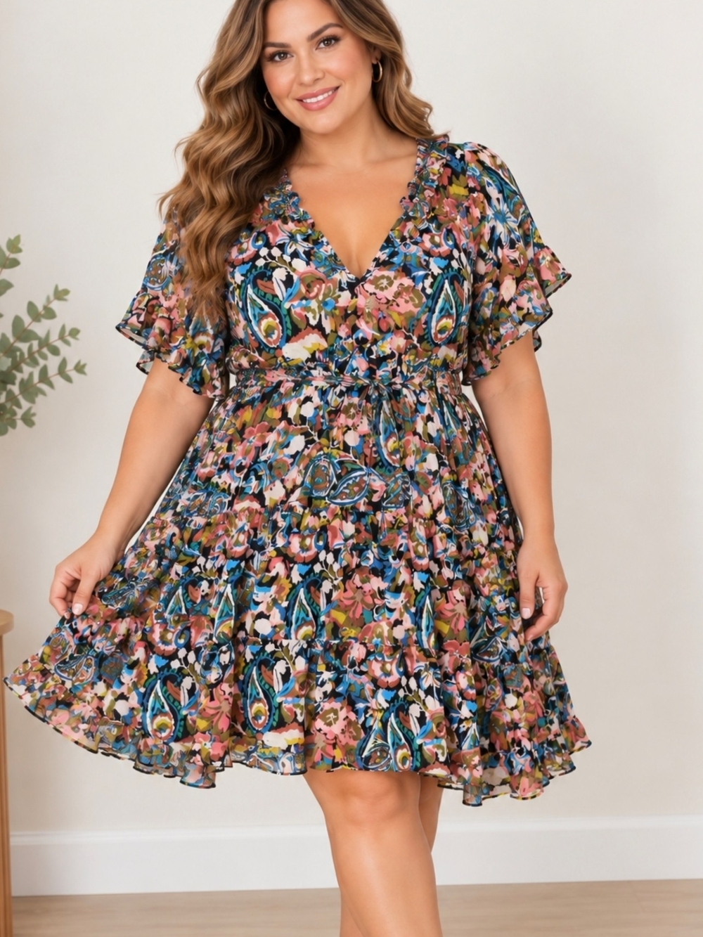 Anthropologie 2X Boho Floral Paisley Print V-Neck Tiered Dress 100% Viscose